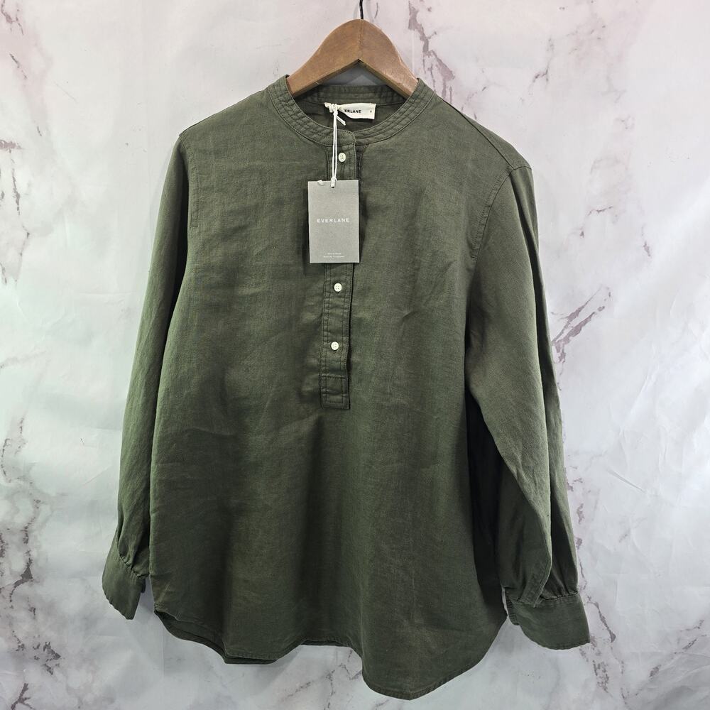 Everlane Shirt Womens Medium 8 Linen Henley Green Button Long Sleeve Oversized